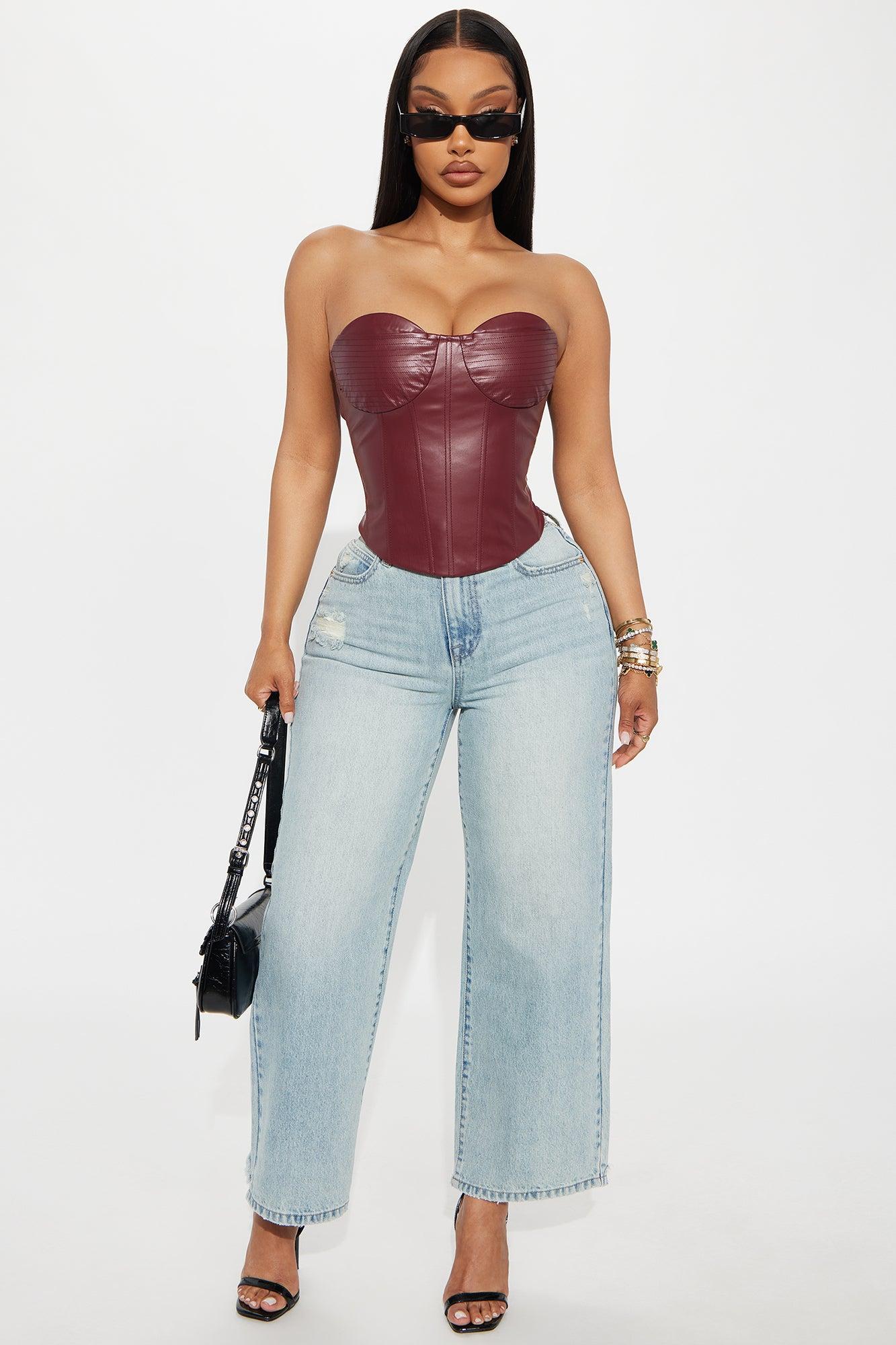 Too Perfect Faux Leather Corset Top - Burgundy Female Product Image
