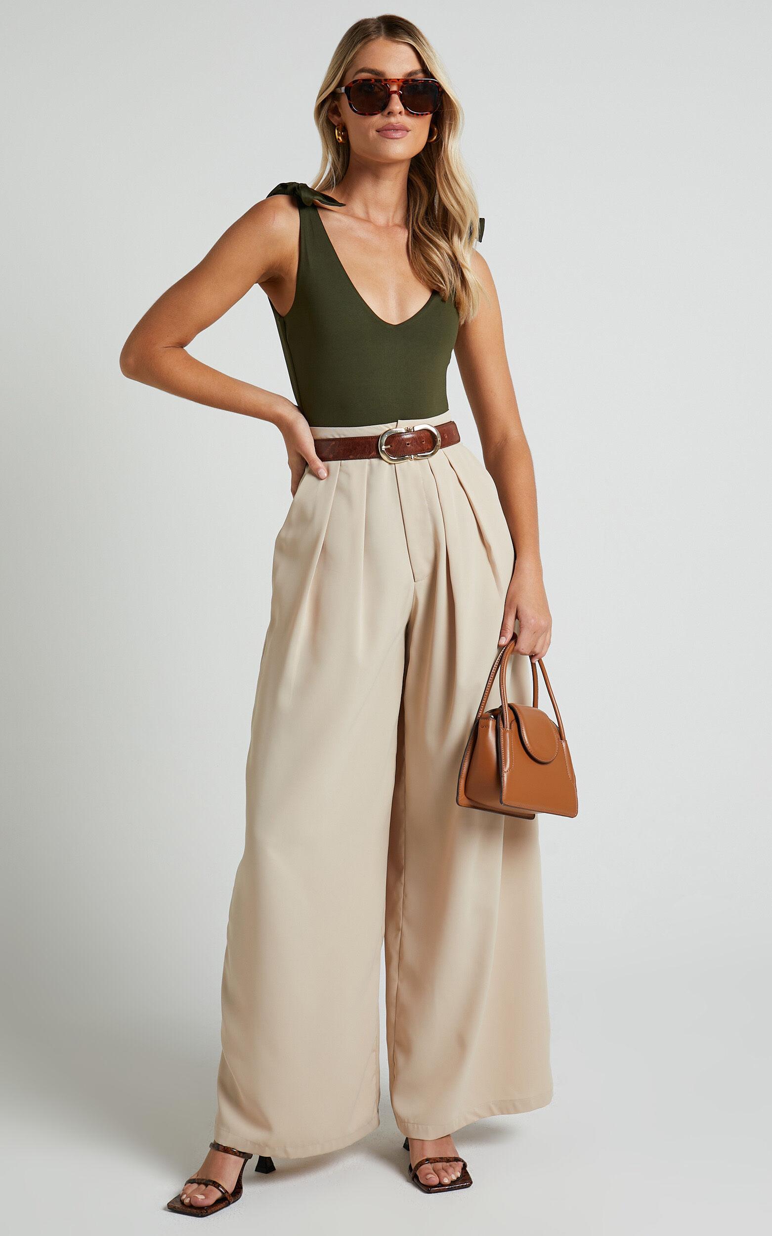 Ryley Bodysuit - V Neck Tie Up Bodysuit in Olive Product Image