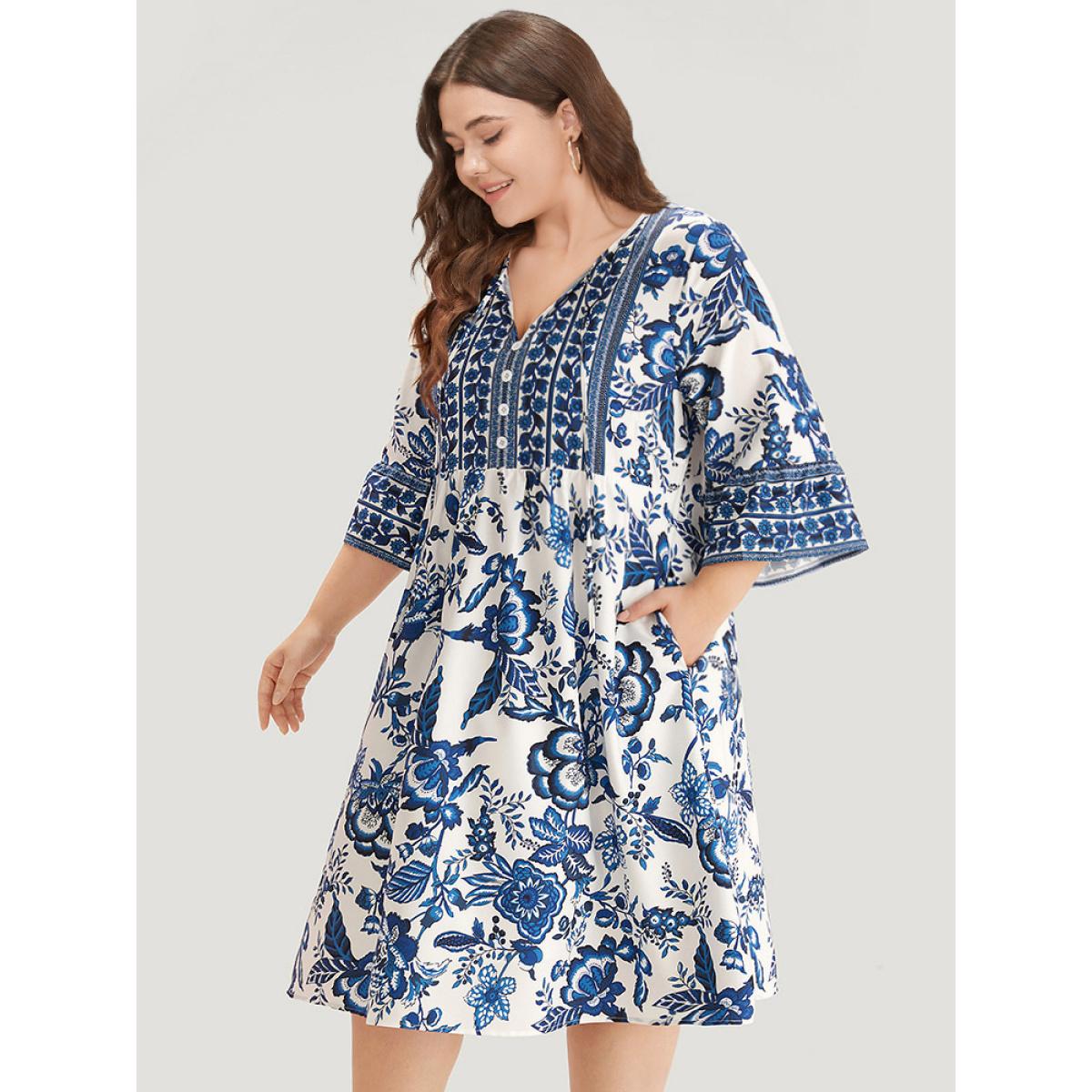 Plus Size Bandana Print Knot Neck Button Detail Dress DarkGreen Women Vacation Cross straps V-neck Elbow-length sleeve Curvy Midi Dress BloomChic 14-16/1X Product Image