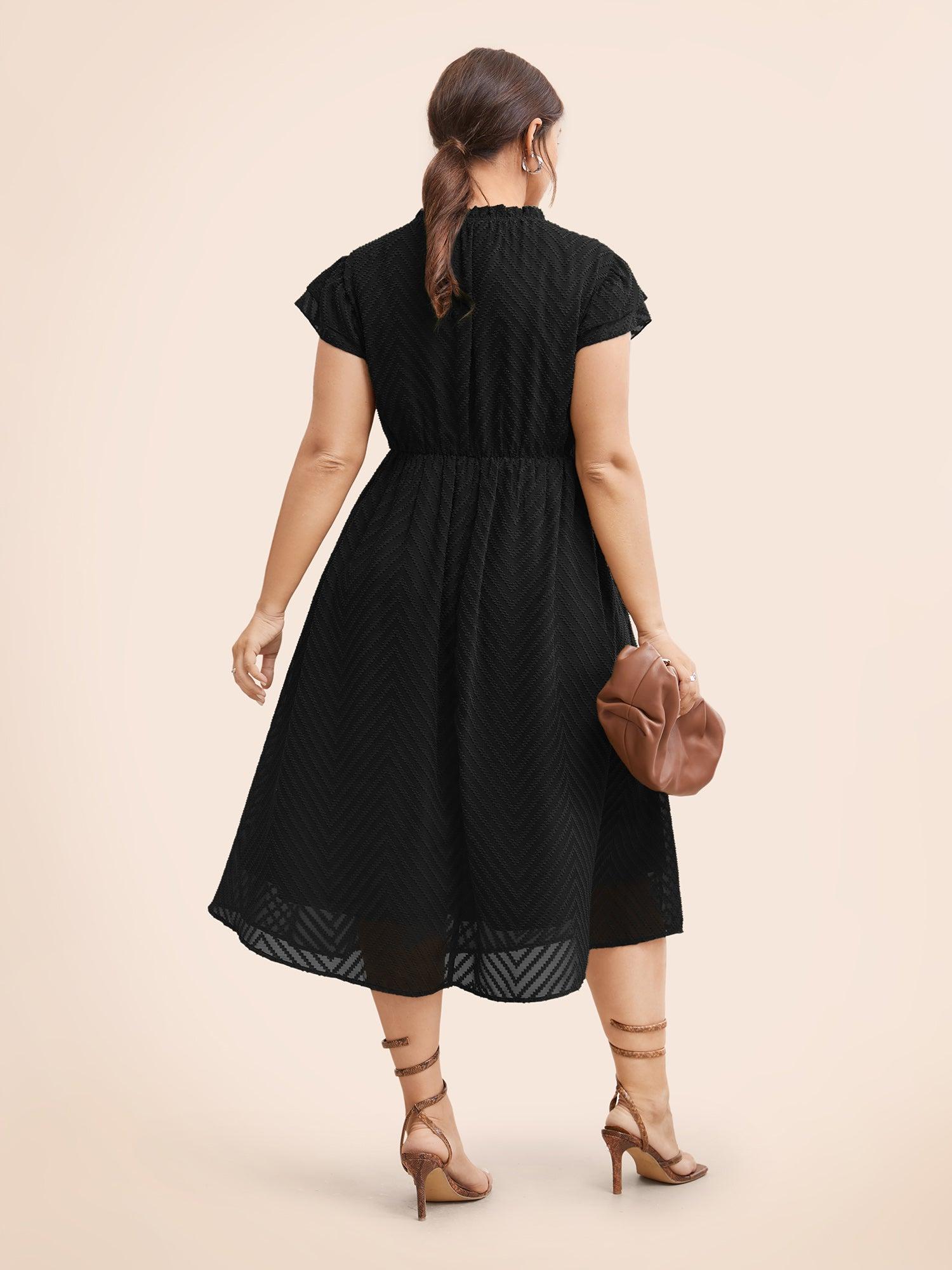 Plain Geometric Layered Sleeve Pocket Ruffle Mock Neck Dress Female Product Image