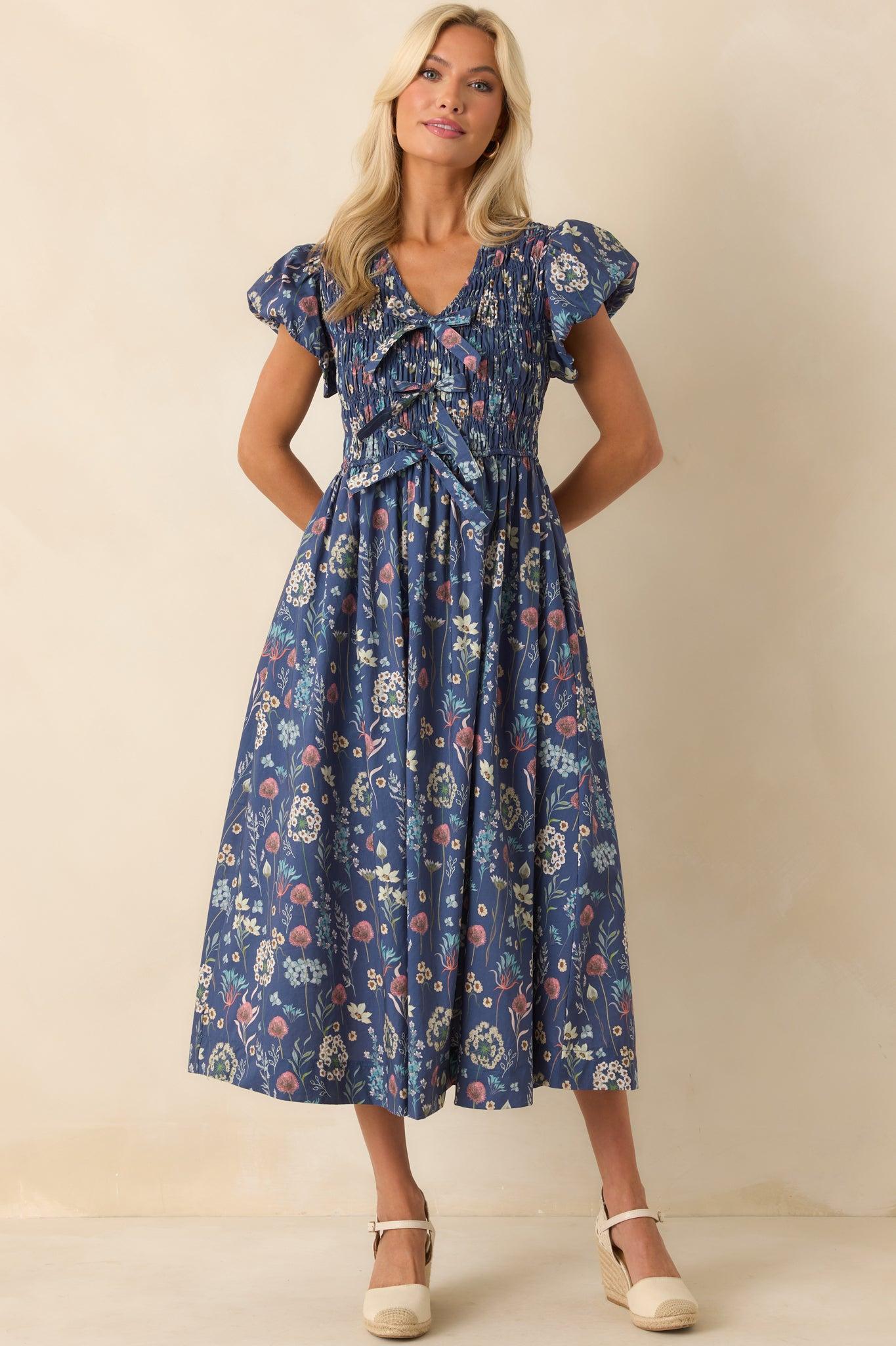 A Subtle Shift Dusty Blue Multi Floral Print Cotton Midi Dress Product Image