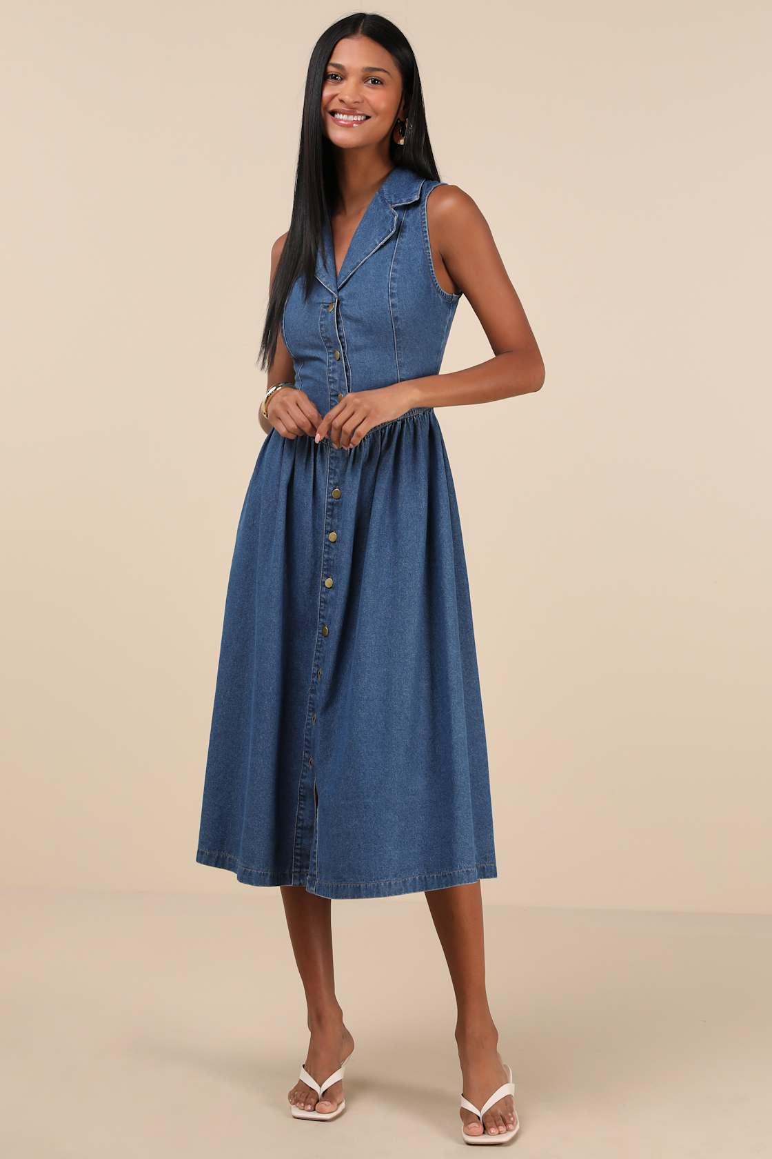 Levon Medium Wash Denim Button-Front Midi Dress Product Image
