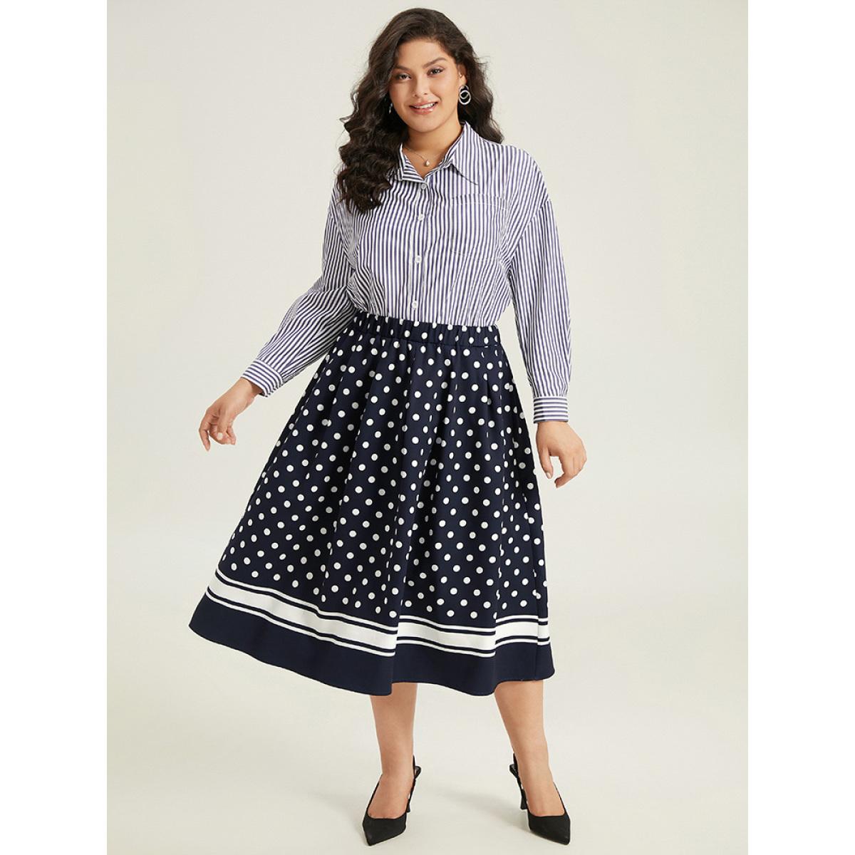 Plus Size Polka Dot Elastic Waist Contrast Skirt Women Indigo Office A-line No stretch Pocket Office Skirts BloomChic 30/6X Product Image