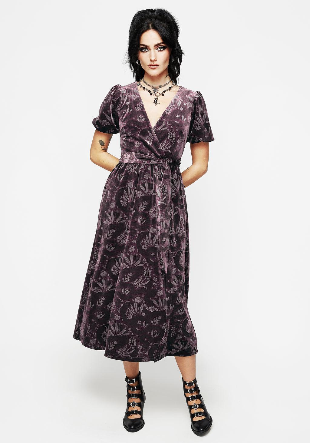 Deception Snake Foil Print Velour Midi Wrap Dress Product Image