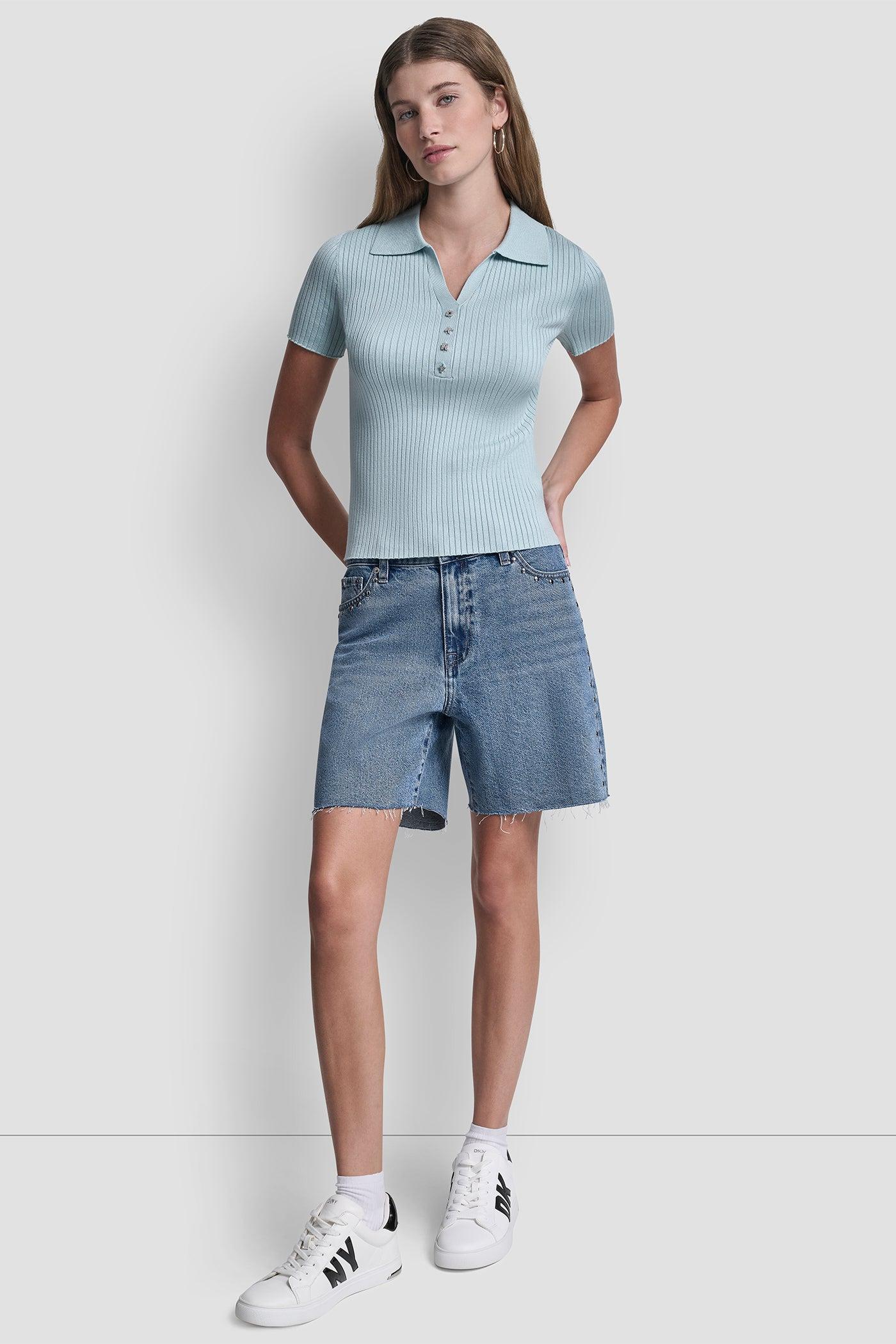 RIBBED POLO WITH RHINESTONE BUTTONS Product Image