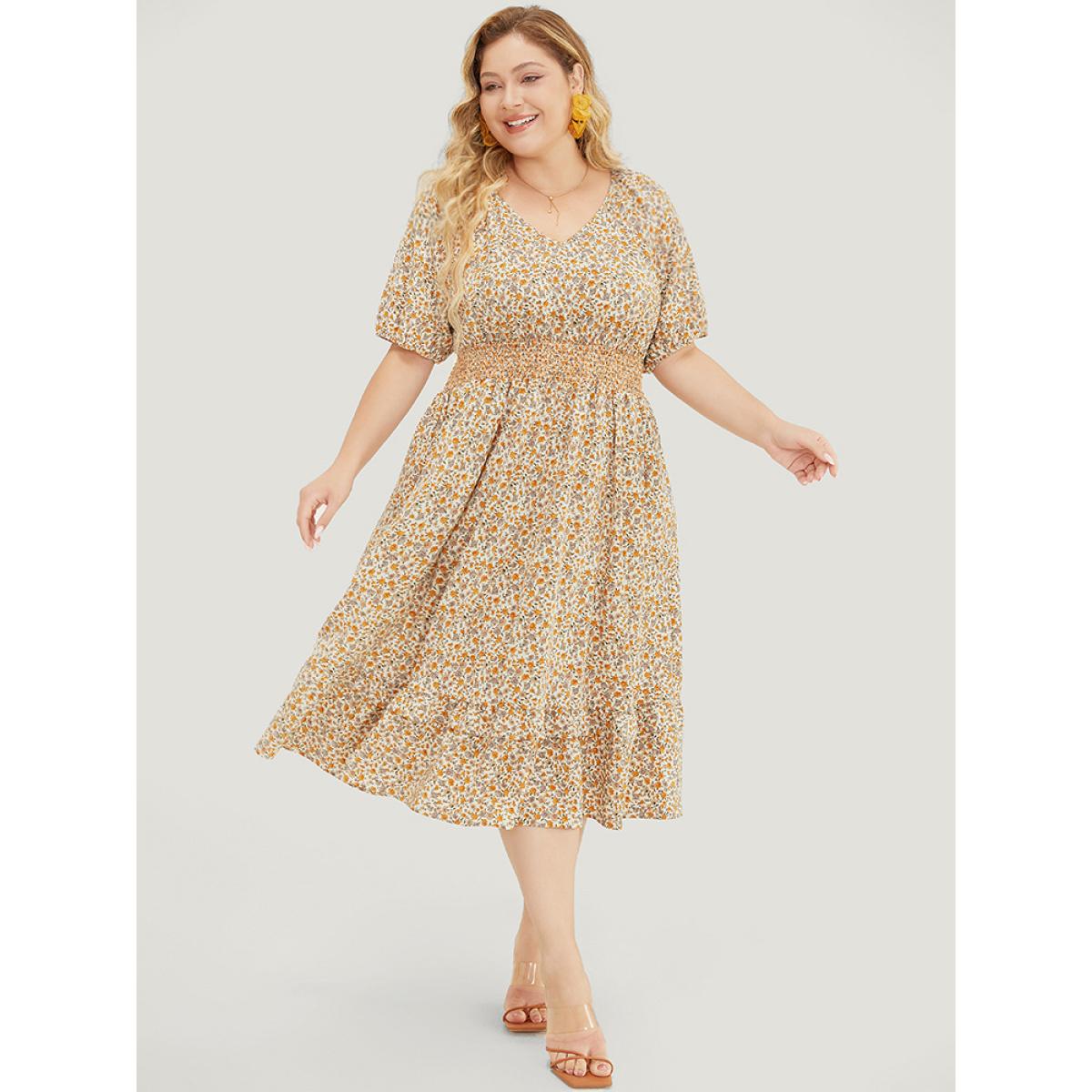 Plus Size Ditsy Floral Pocket Puff Sleeve Shirred Ruffle Trim Dress Apricot Women Elegant Gathered V-neck Short sleeve Curvy Midi Dress BloomChic 22-24/3X Product Image
