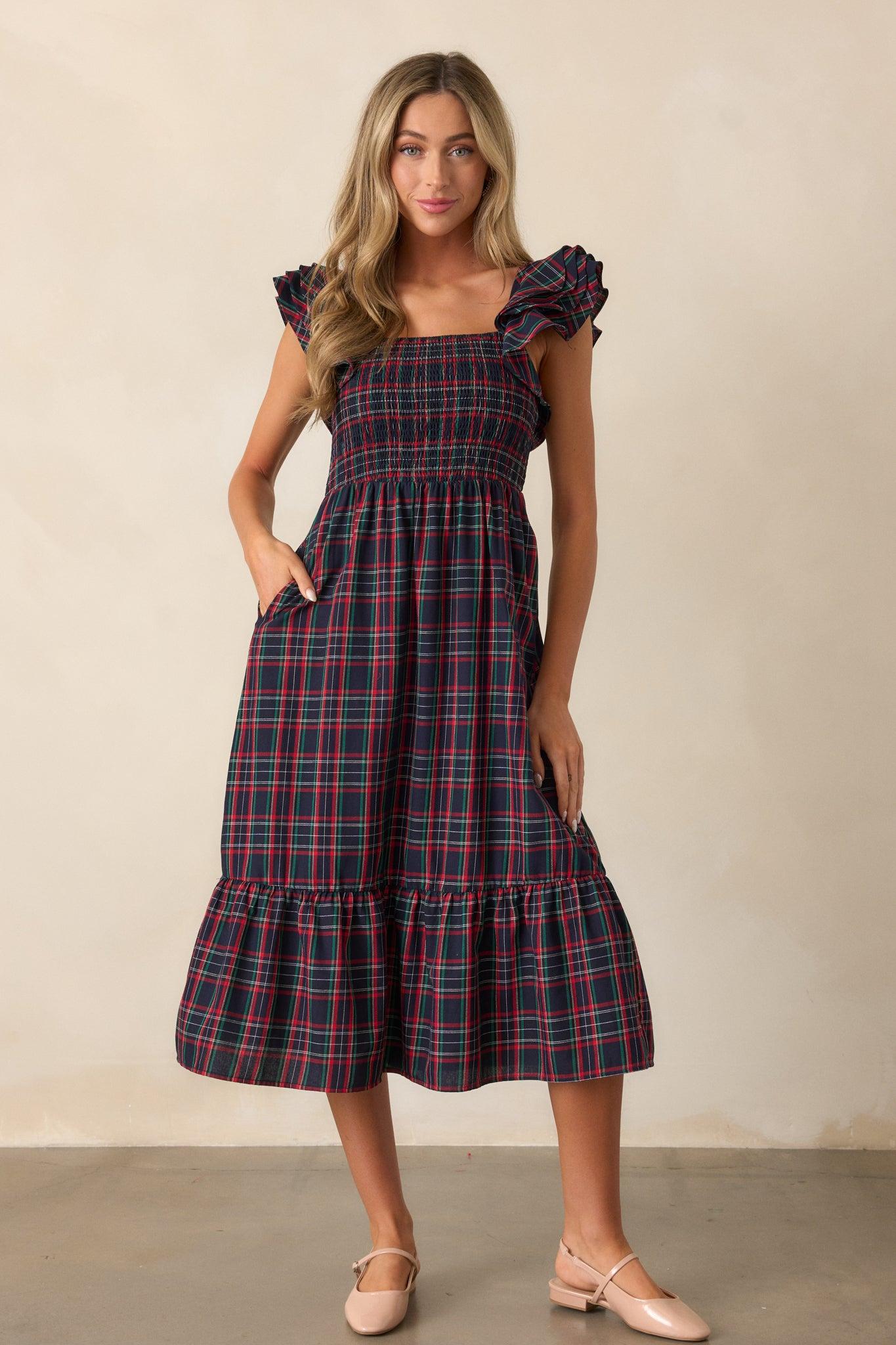 Always Good Cotton Navy Plaid Flutter Sleeve Midi Dress Product Image