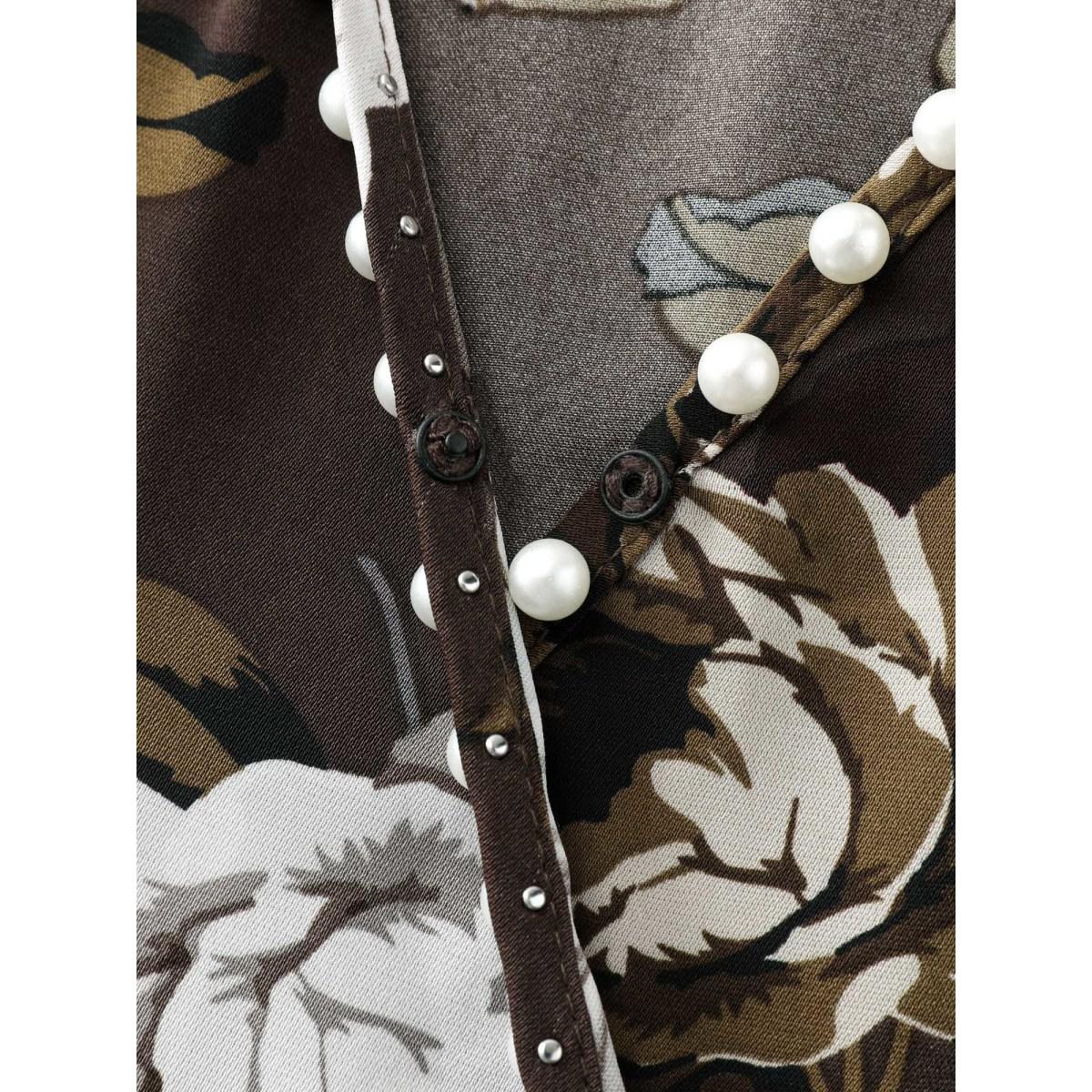 Plus Size Rosy Print Pearl Detail Cinched-Waist Midi Dress DarkBrown Women Timeless Overlapping Overlap Collar Long Sleeve Curvy BloomChic 28/5X Product Image