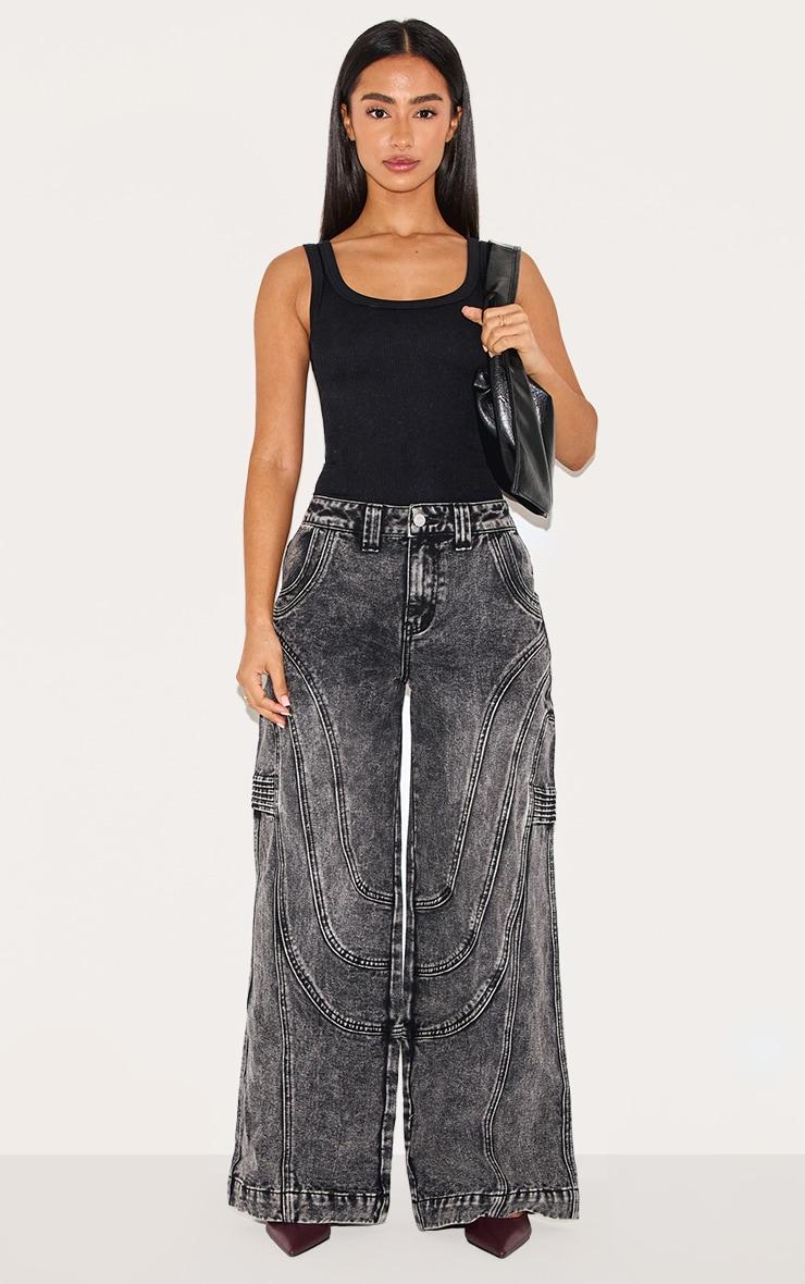 Petite Grey Panel Seam Detail Wide Leg Jeans Product Image