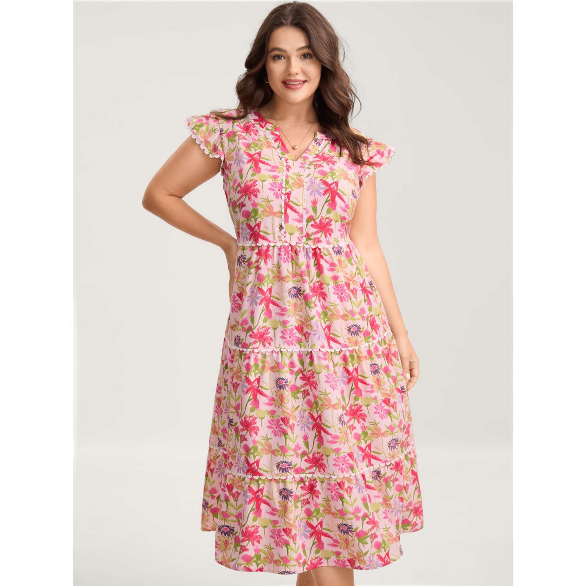 Plus Size Floral Color Block Lace Trim Midi Dress Blush Women Playful Woven ribbon&lace trim Notched collar Cap Sleeve Curvy BloomChic 10/M Product Image