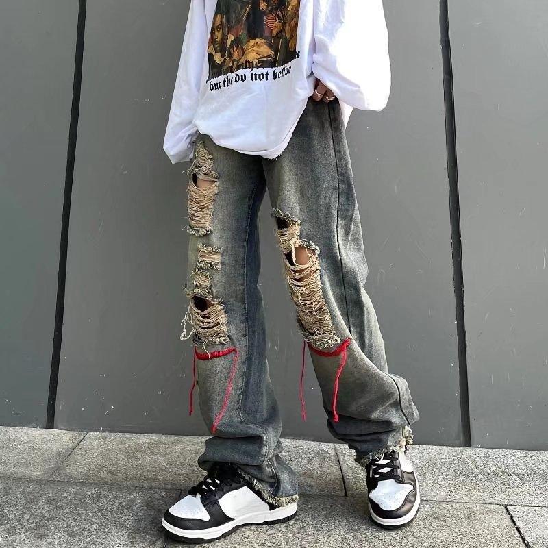 Men's American Retro High Street Ins Trendy Ripped Jeans Product Image