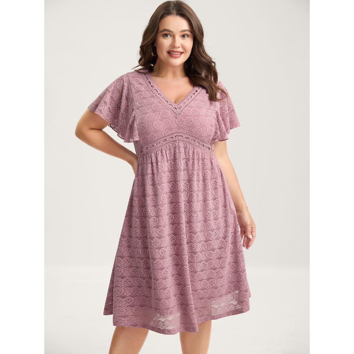 Plus Size Lace Elegance Ruffled Stretchy-Waist Midi Dress Rouge Women V-neck Cap Sleeve Curvy BloomChic 28/5X Product Image