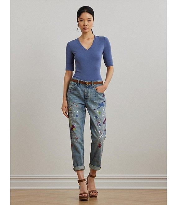 Lauren Ralph Lauren Stretch Cotton V-Neck Elbow Sleeve Tee Shirt Product Image