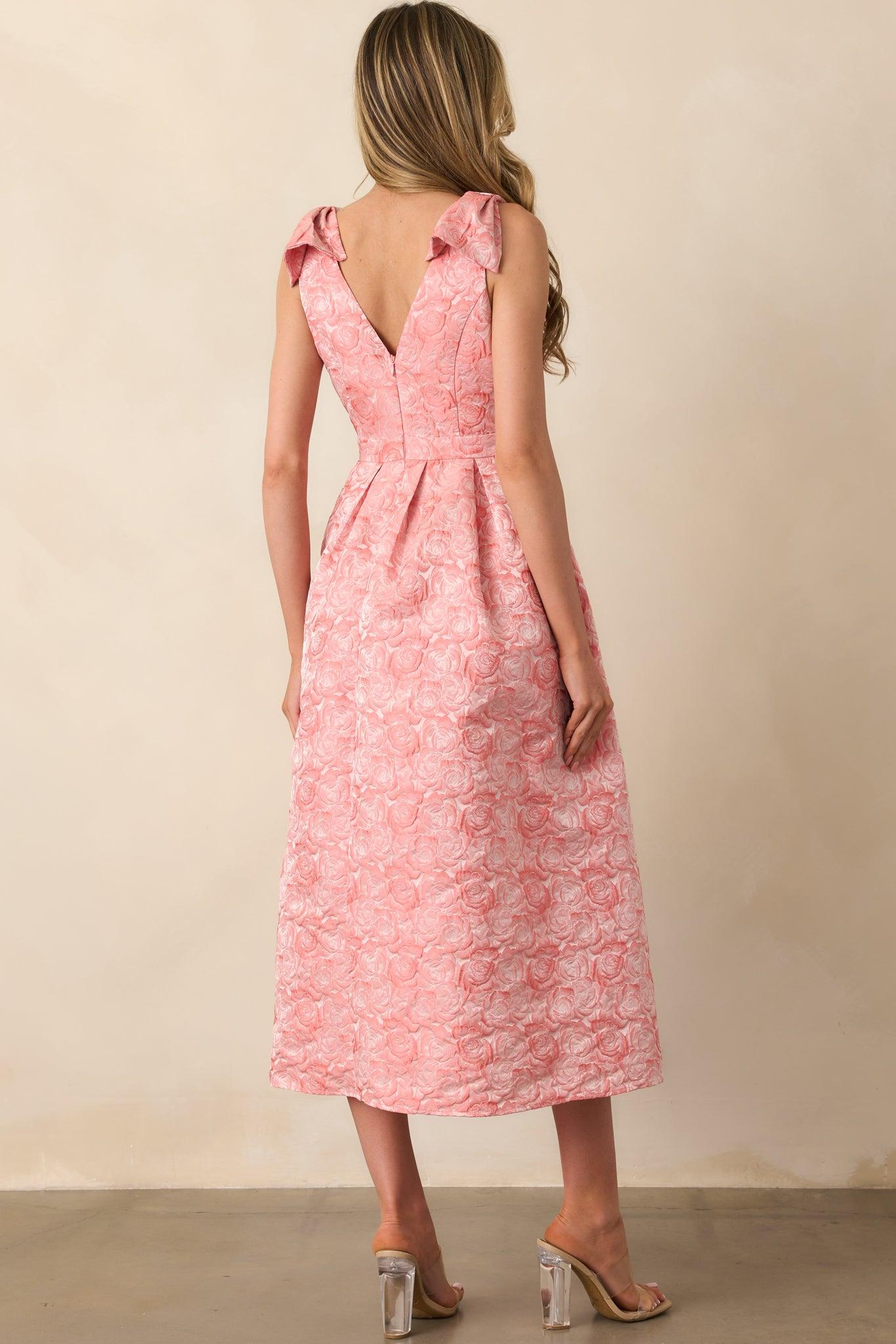 Margaret Pink Coral Floral Jacquard Midi Dress Product Image