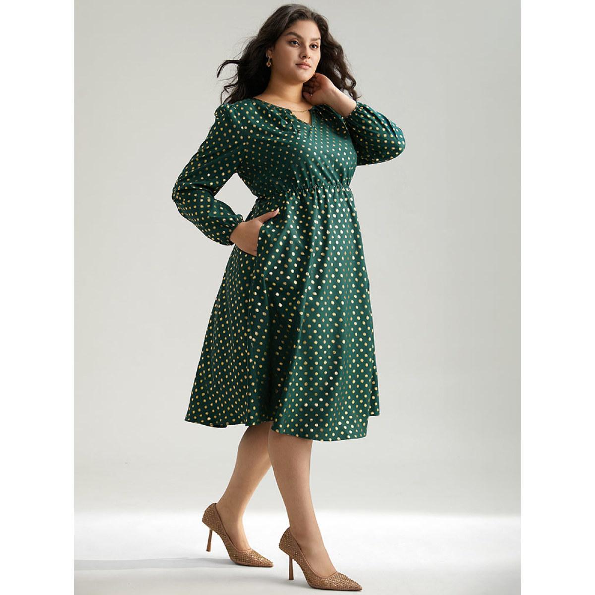 Plus Size Glitter Polka Dot Notched Elastic Cuffs Dress DarkGreen Women Elegant Elastic cuffs Notched collar Long Sleeve Curvy Midi Dress BloomChic 18-20/2X Product Image