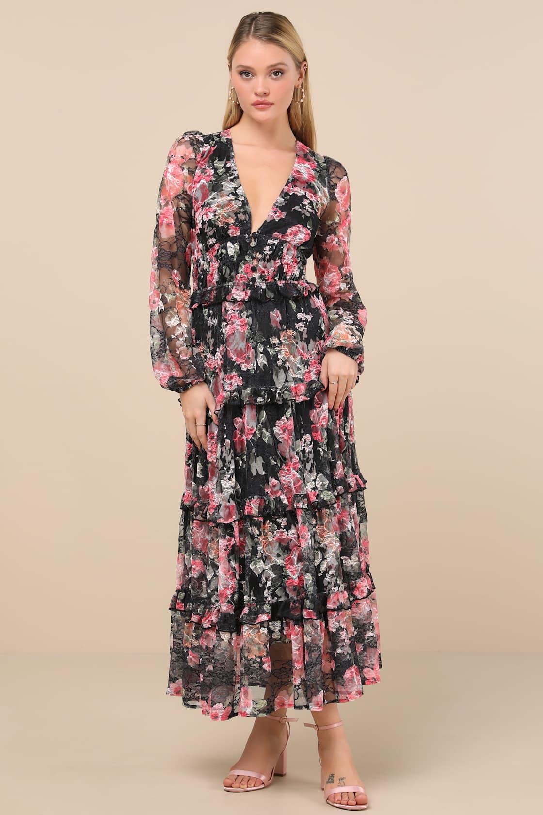 Kingsly Black Floral Lace Long Sleeve Tiered Midi Dress Product Image