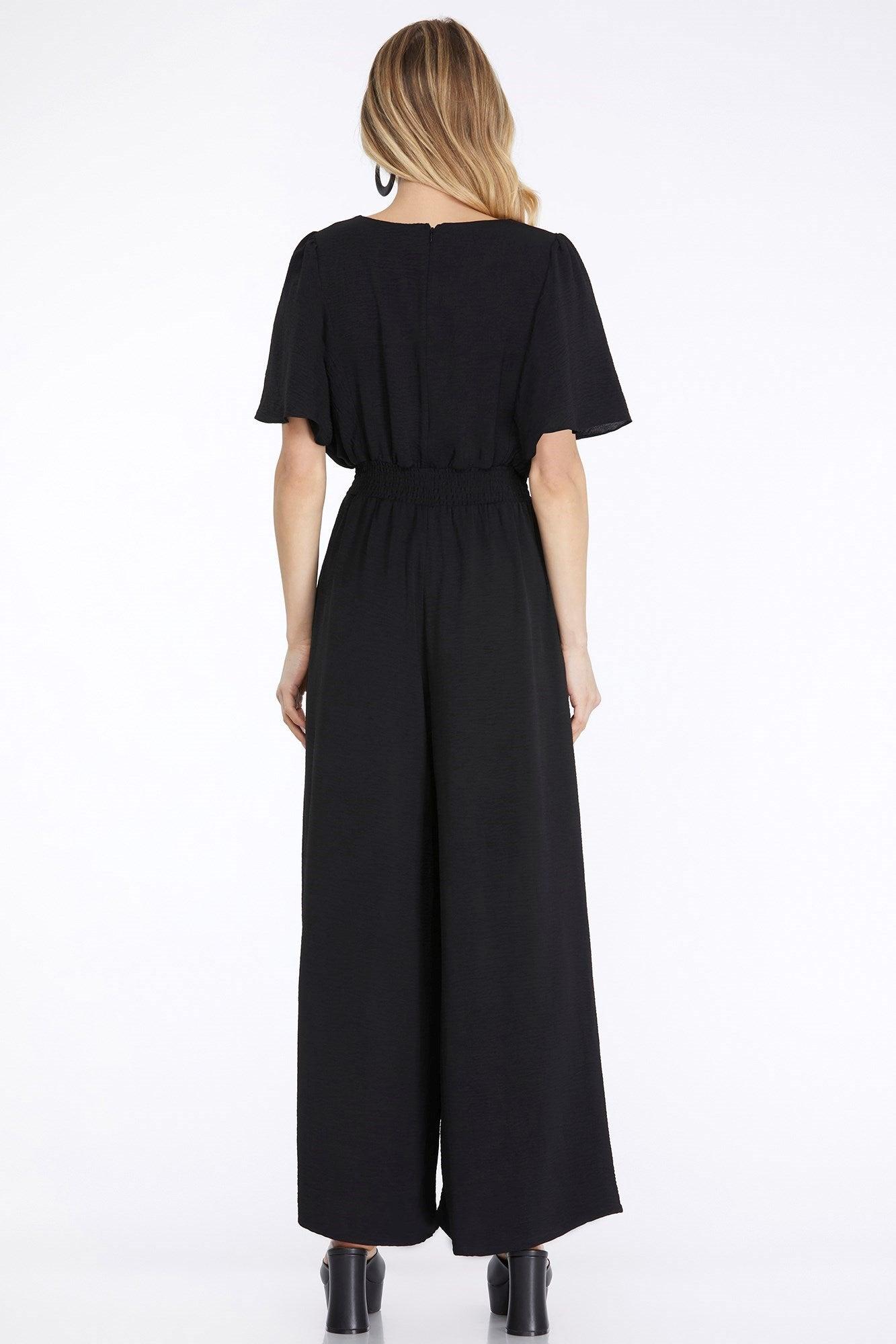 Flounce Sleeve Wide Leg Woven Jumpsuit with side pockets Product Image