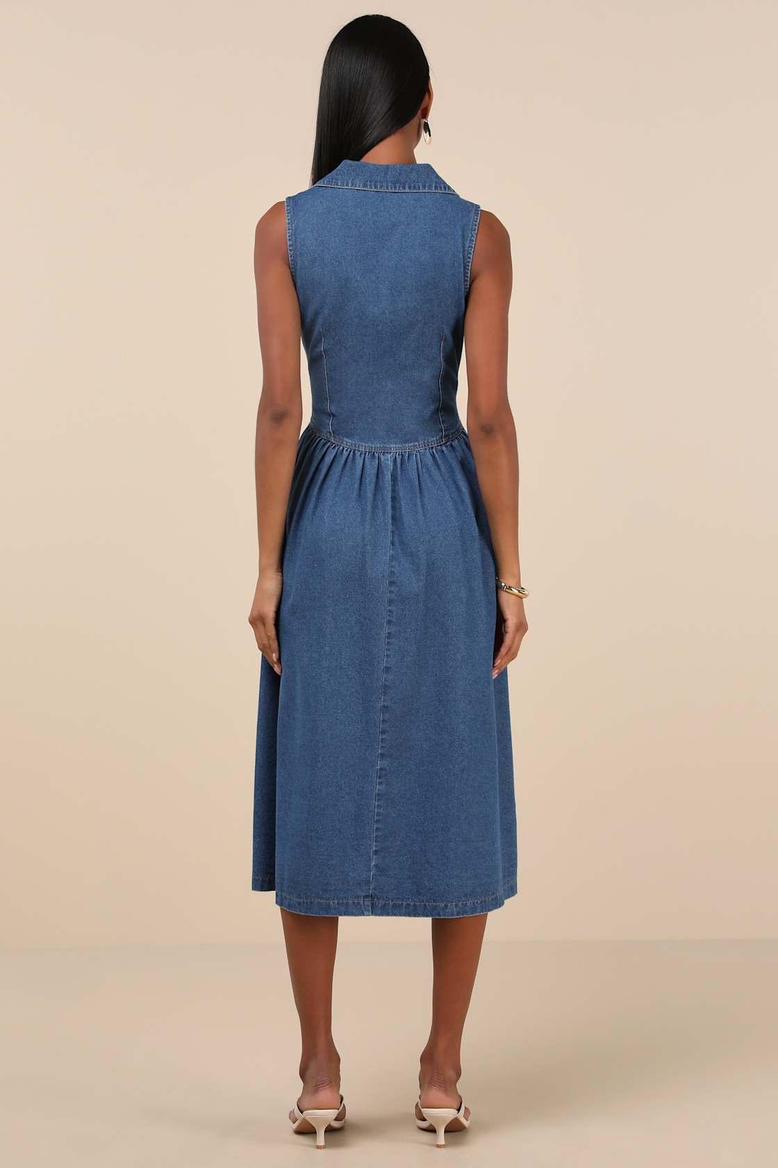 Levon Medium Wash Denim Button-Front Midi Dress Product Image