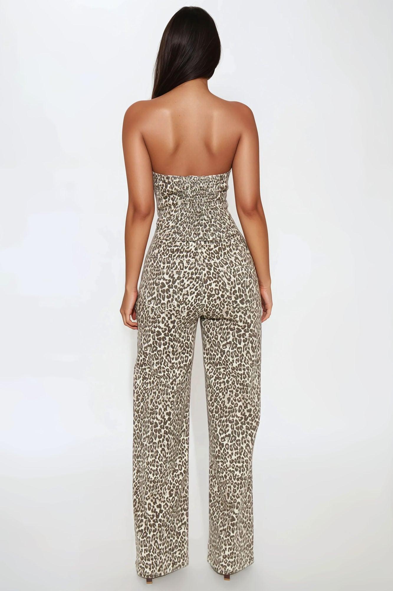 Wild Instincts Denim Leopard Pant Set - Leopard Female Product Image