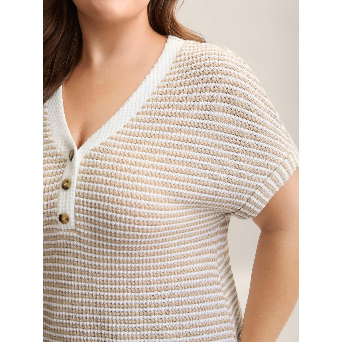 Plus Size Striped Half Placket Waffle T-Shirt Apricot Women Casual Texture V-neck Everyday T-shirts BloomChic 30/6X Product Image