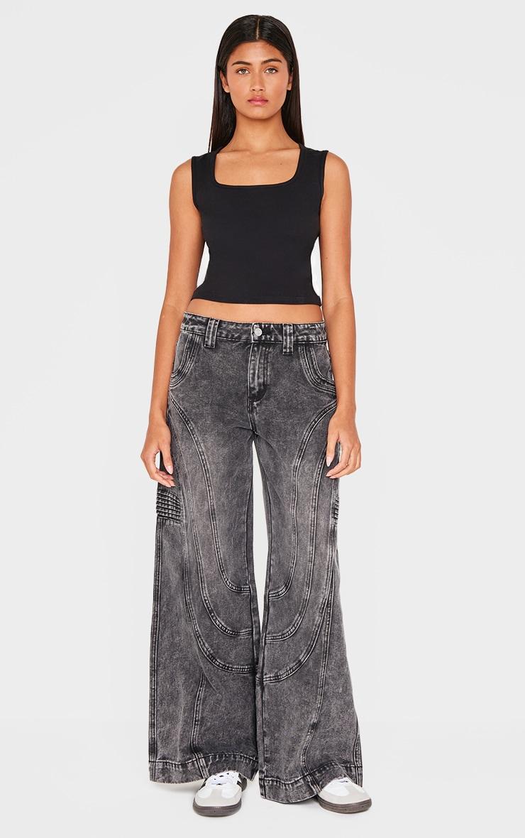 Grey Panel Seam Detail Wide Leg Jeans Product Image