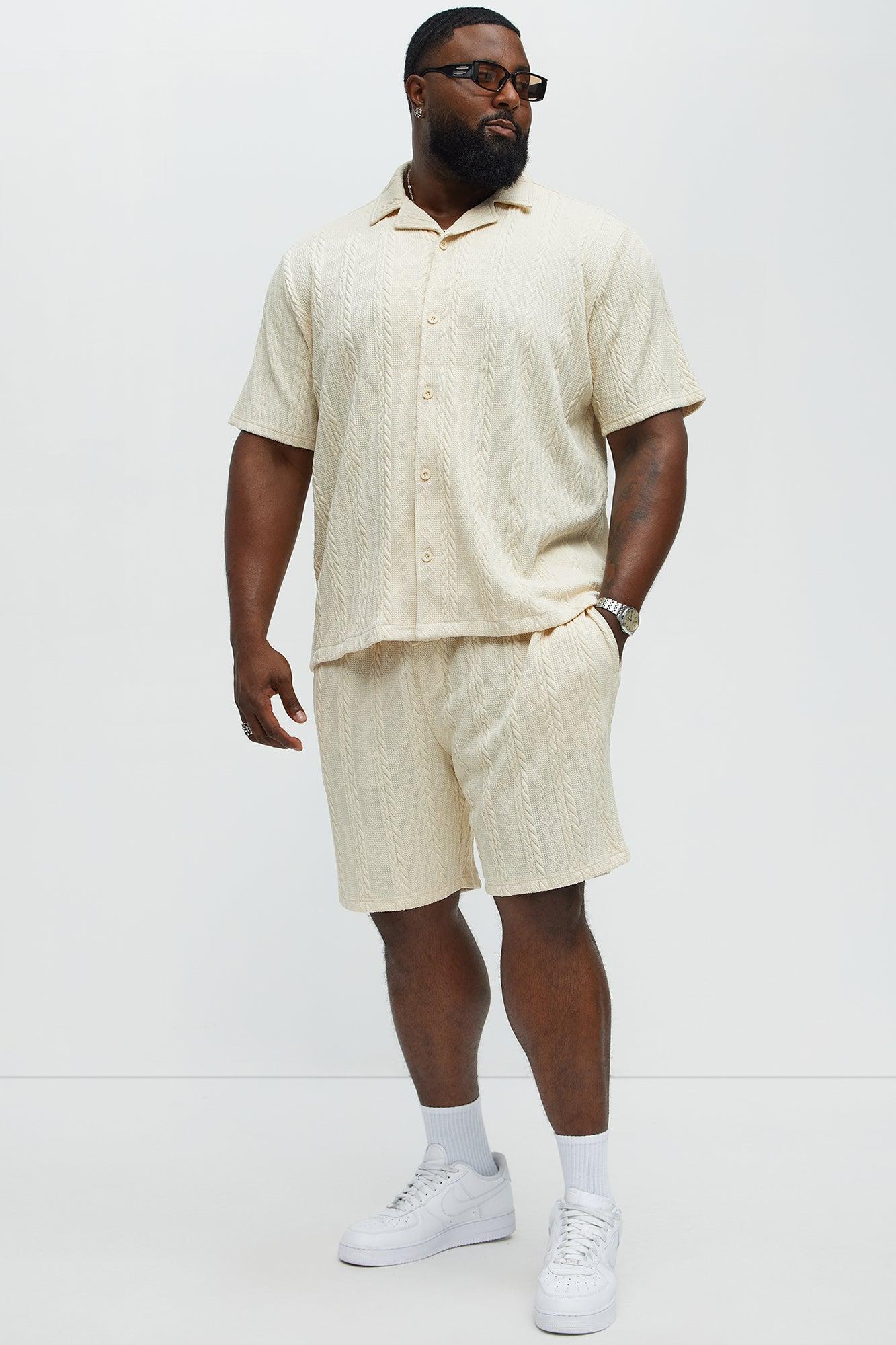 Textured Stripes Relaxed Drawstring Shorts - Cream Product Image