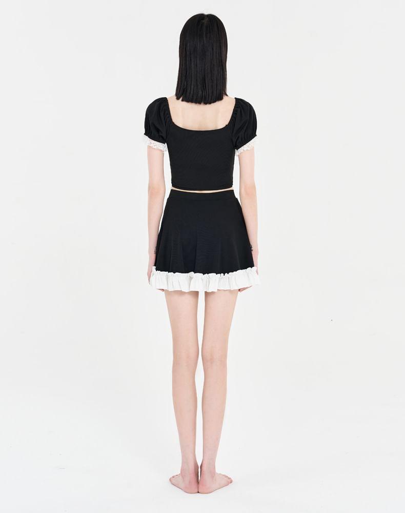 Set: Short-Sleeve Two Tone Crop Top + Mini Skirt Product Image