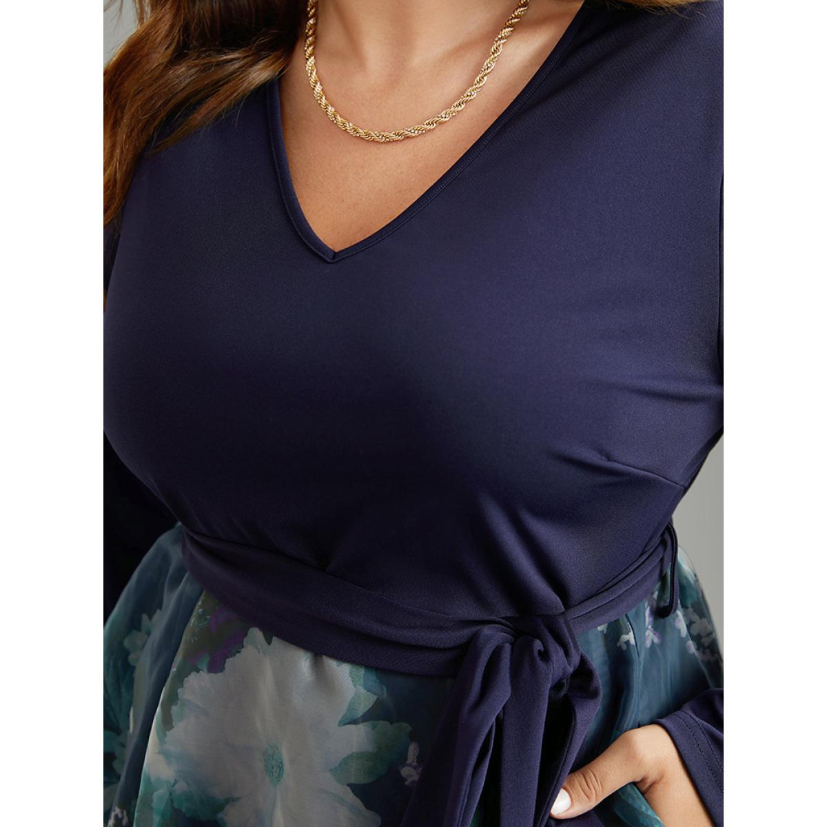 Plus Size Floral Print Belted Patchwork Mesh Dress DarkBlue Women Elegant Belted V-neck Long Sleeve Curvy Midi Dress BloomChic 10/M Product Image