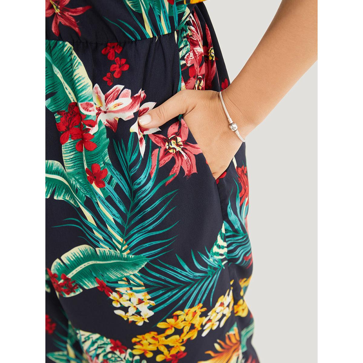 Plus Size Navy Tropical Print Pocket Cold Shoulder Jumpsuit Women Vacation Short sleeve Cold Shoulder Dailywear Loose Jumpsuits BloomChic 12/L Product Image