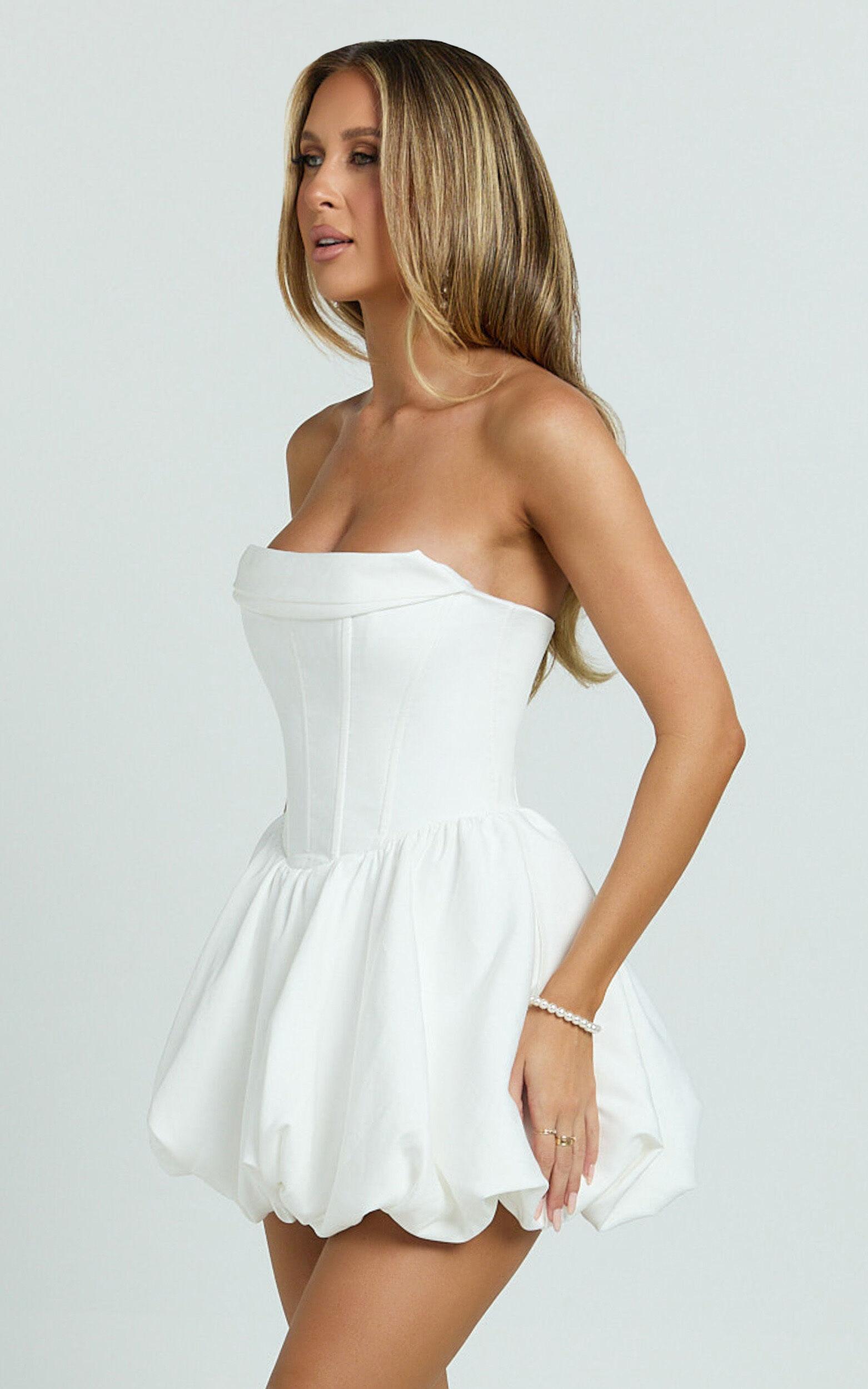 Jeannie Mini Dress - Corset Panel Bubble Hem Dress in Off White Product Image