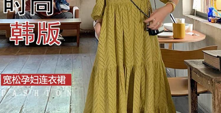 Maternity 3/4-Sleeve Square Neck Plain Perforated Maxi A-Line Dress Product Image