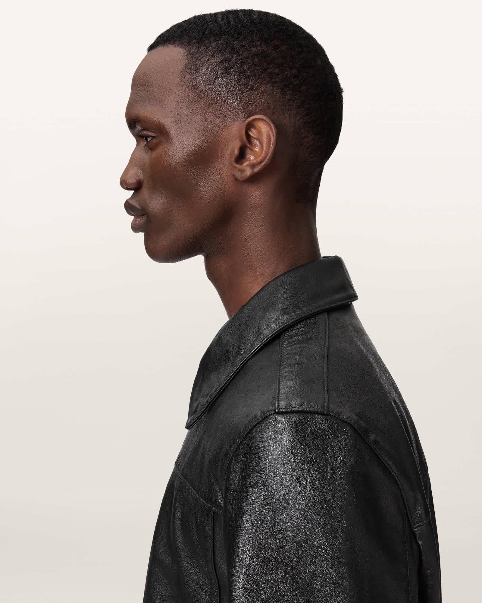 Alkan Zip Up Two Tone Leather Jacket Black | ALLSAINTS US Product Image