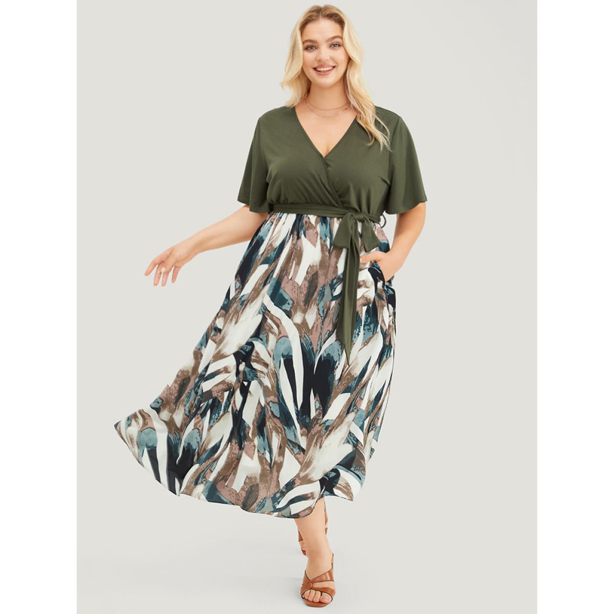 Plus Size Graphic Print Pocket Ruffle Surplice Neck Belt Dress Moss Women Office Lined V-neck Short sleeve Curvy Midi Dress BloomChic 10/M Product Image