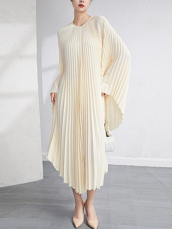 Batwing Sleeves Loose Pleated Solid Color Maxi Dresses Product Image