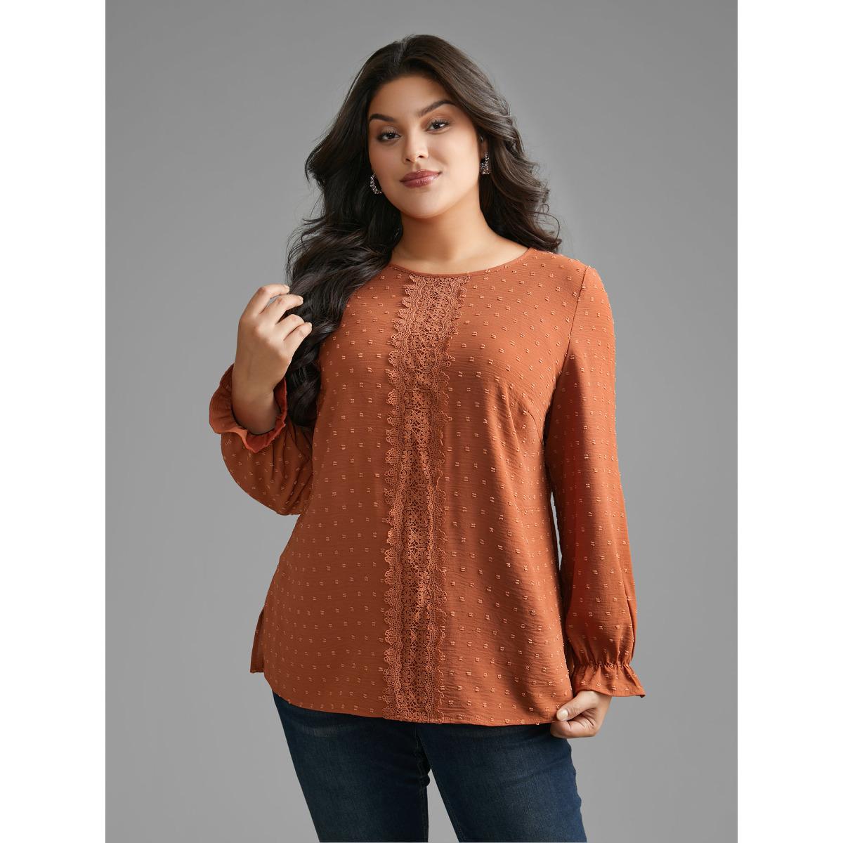 Plus Size Rust Textured Lace Panel Lantern Sleeve Blouse Women Elegant Long Sleeve Round Neck Everyday Blouses BloomChic 30/6X Product Image