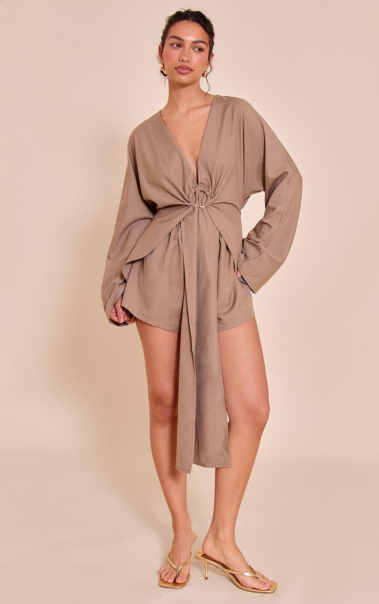 Mushroom Woven Trim Detail Plunge Drape Romper Product Image