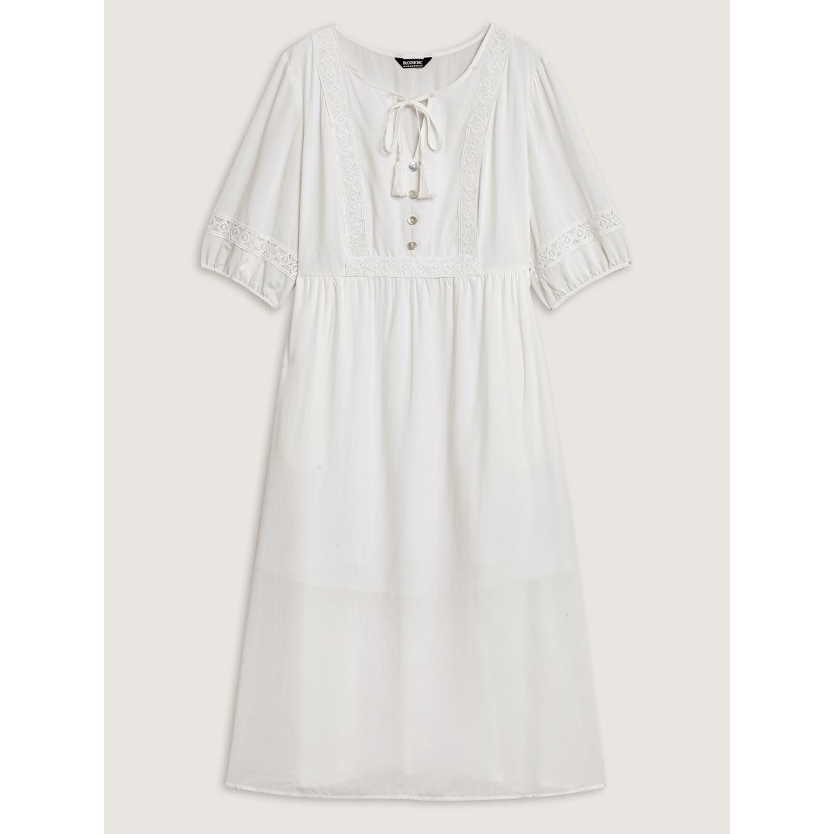 Plus Size Rayon Lace Trim Cinched-Waist Midi Dress Ivory Women Notched collar Half Sleeve Curvy BloomChic 26/4X Product Image