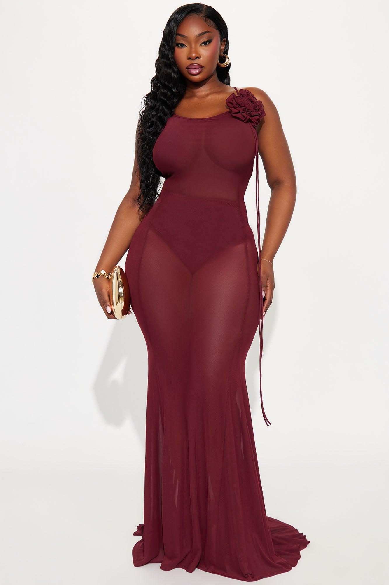 Sheer Goddess Mesh Maxi Dress - Burgundy Female Product Image