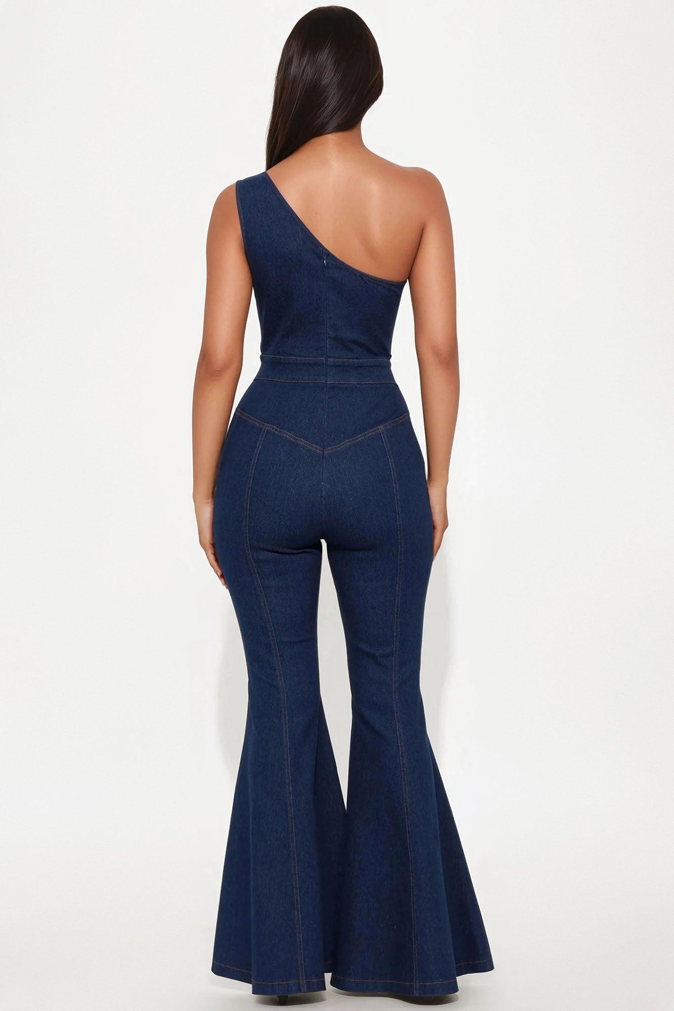 Follow My Lead Denim Flare Jumpsuit - Dark Wash Female Product Image