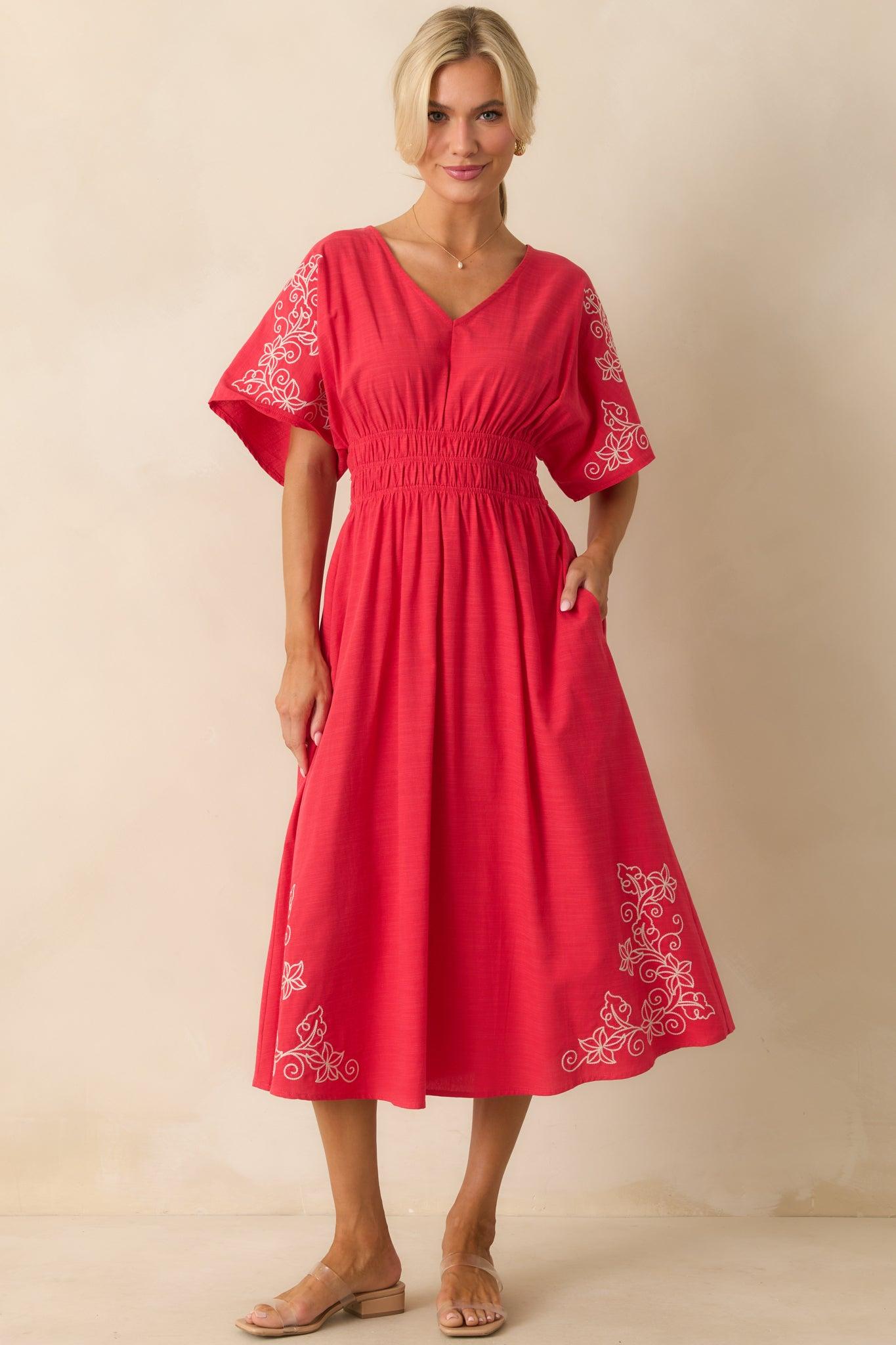 Finding Your Way Red Floral Embroidered Cotton Midi Dress Product Image