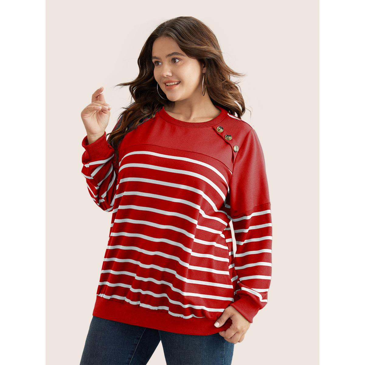 Plus Size Striped Patchwork Button Detail Sweatshirt Women Red Casual Non Round Neck Everyday Sweatshirts BloomChic 22-24/3X Product Image