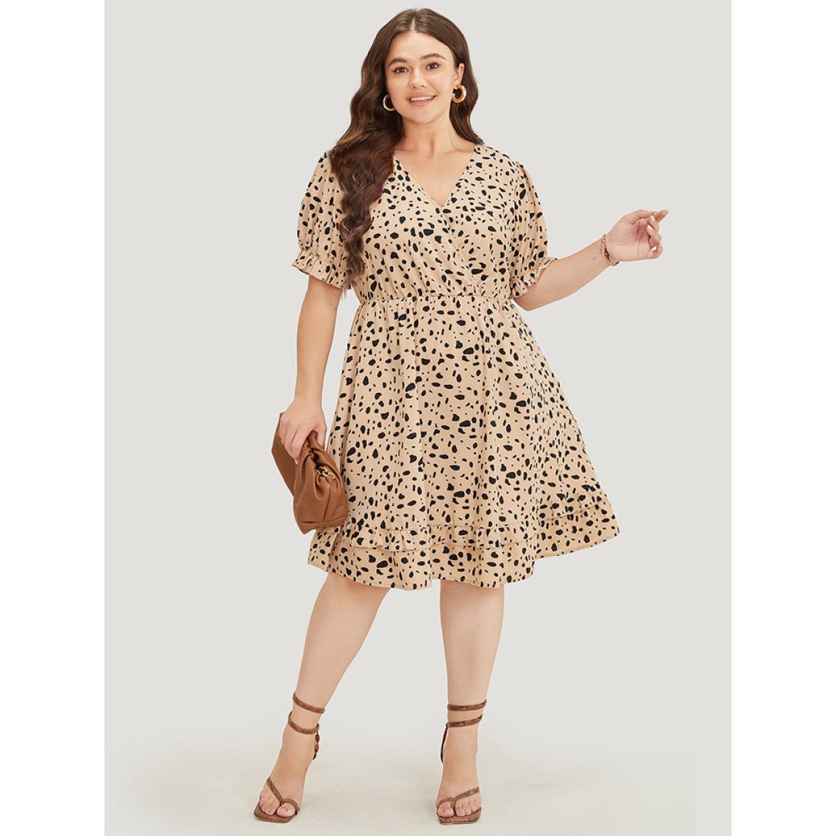 Plus Size Leopard Print Puff Sleeve Pocket Wrap Ruffle Trim Dress Apricot Women Office Wrap V-neck Short sleeve Curvy Knee Dress BloomChic 18-20/2X Product Image