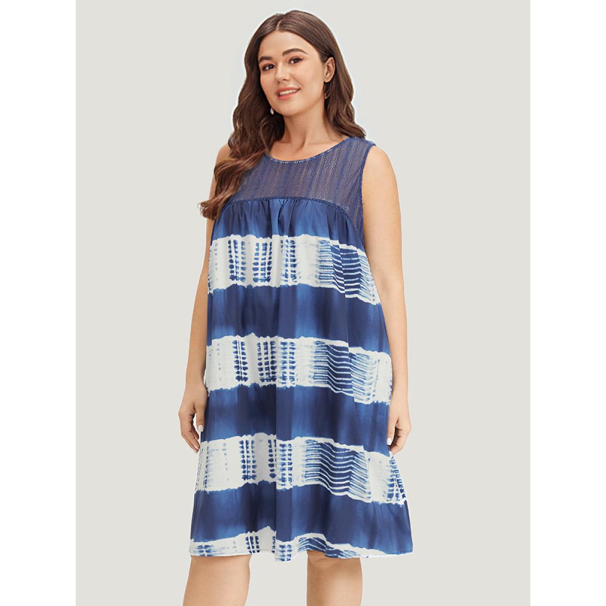 Plus Size Tie Dye Mesh Patchwork Ruffle Hem Tank Dress Indigo Women Vacation Gathered Round Neck Sleeveless Curvy Knee Dress BloomChic 14-16/1X Product Image