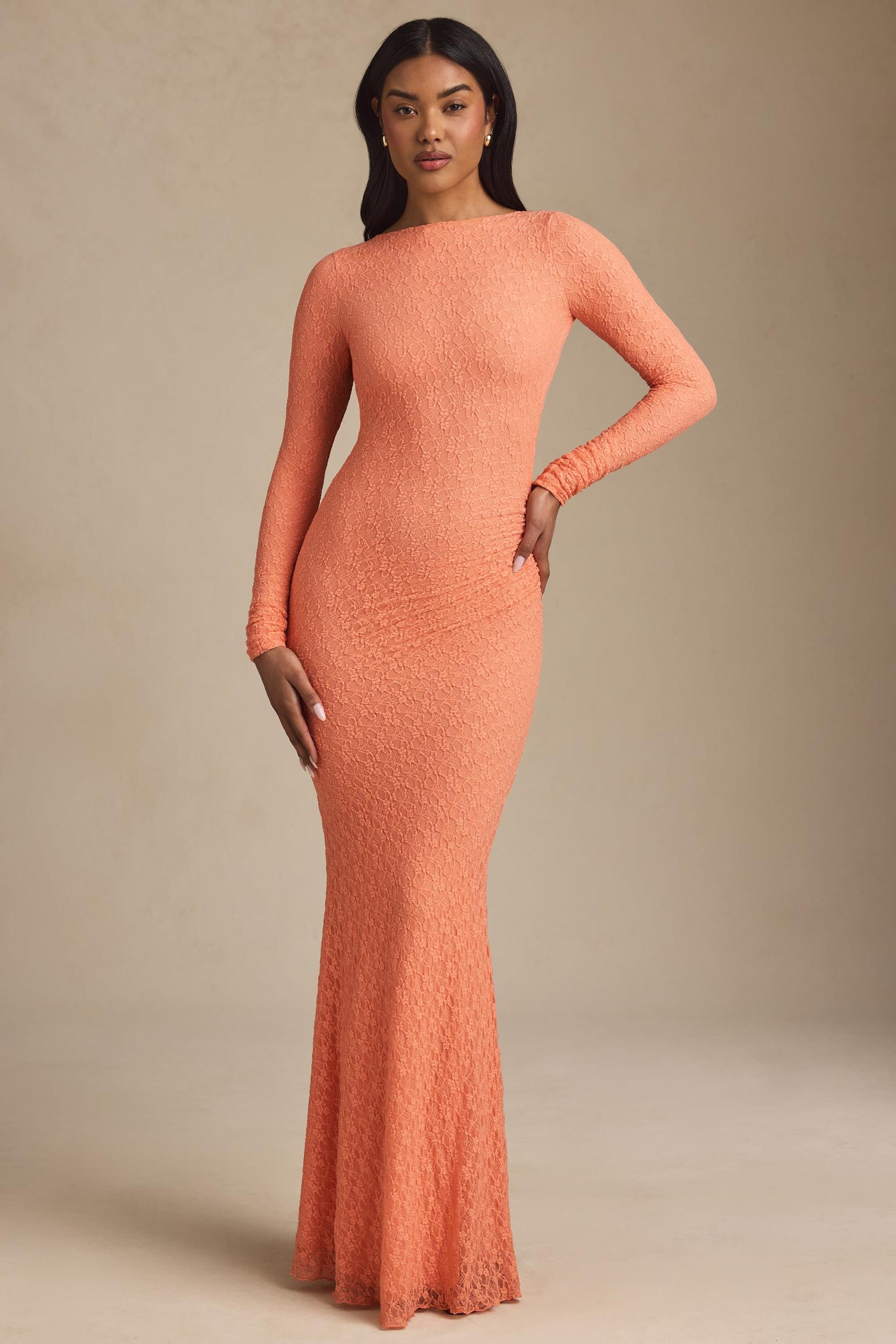 Ruched Backless Lace Maxi Dress in Peach Product Image