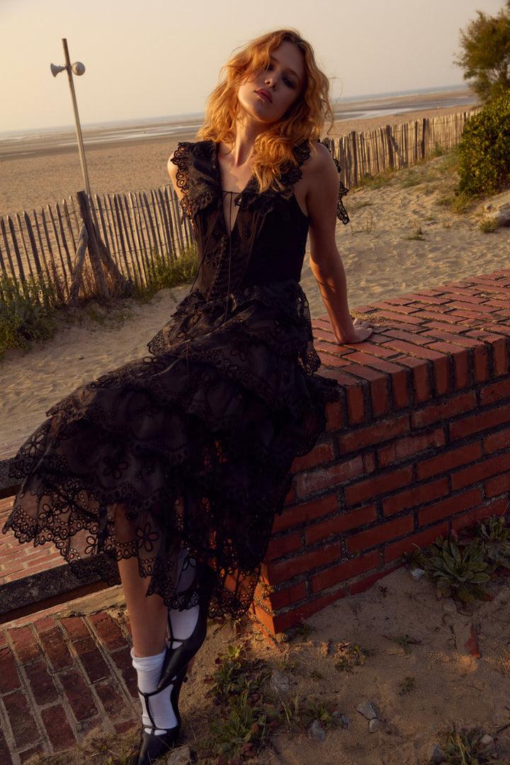 Daisy Eyelet Midi Dress — Black Product Image