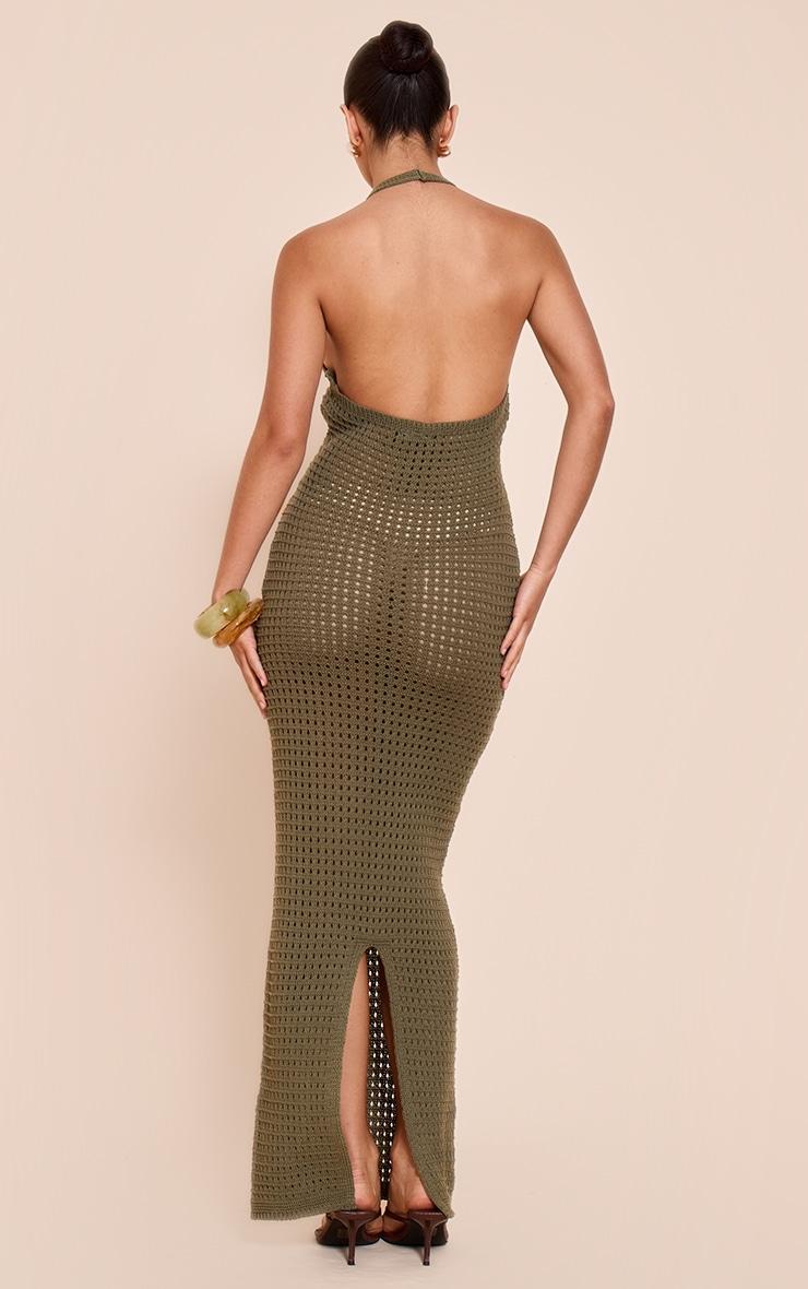 Khaki Crochet Halter Maxi Dress Product Image