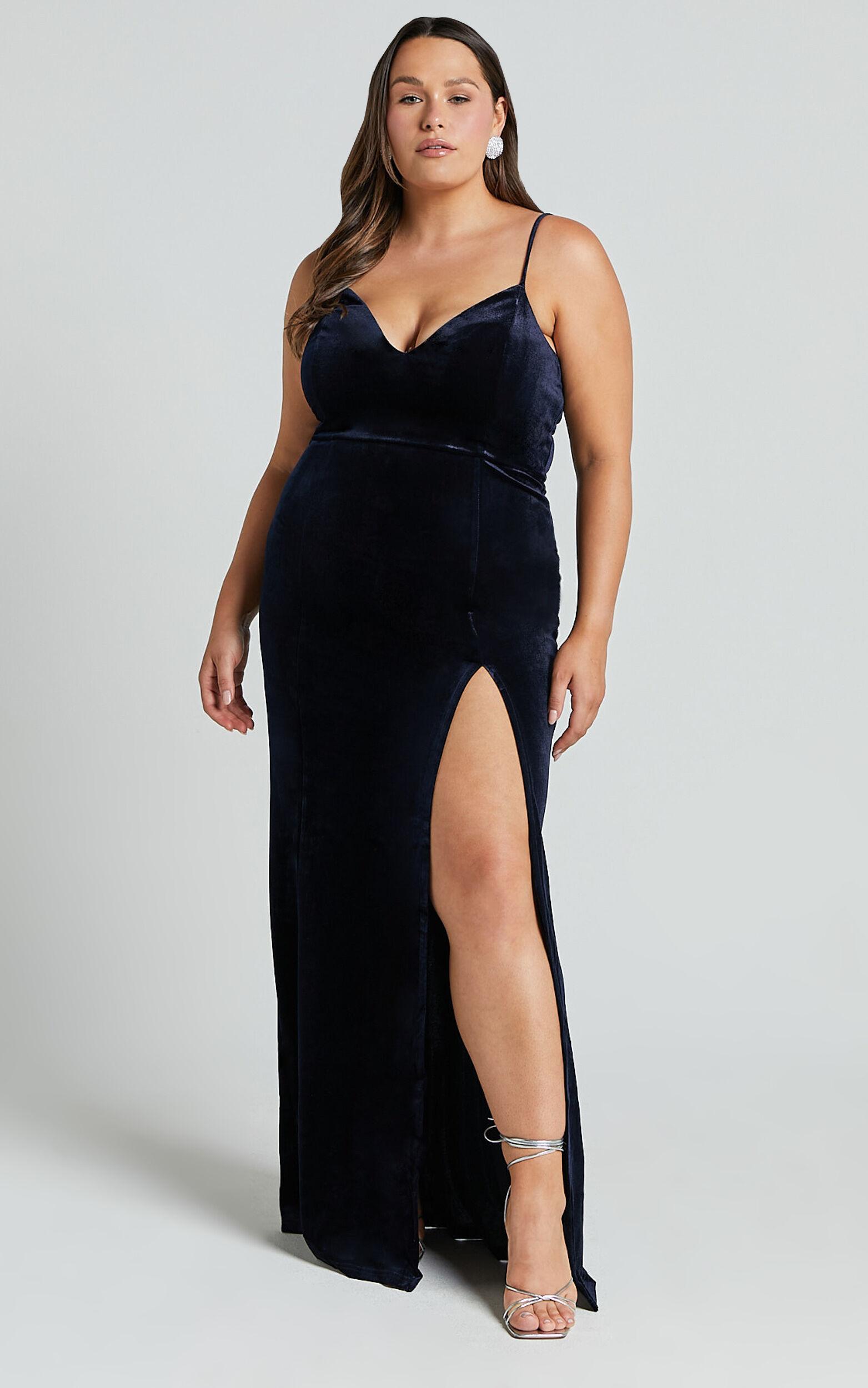 Diamona Midi Dress - Velvet Thigh Split V Neck Dress in Navy Product Image