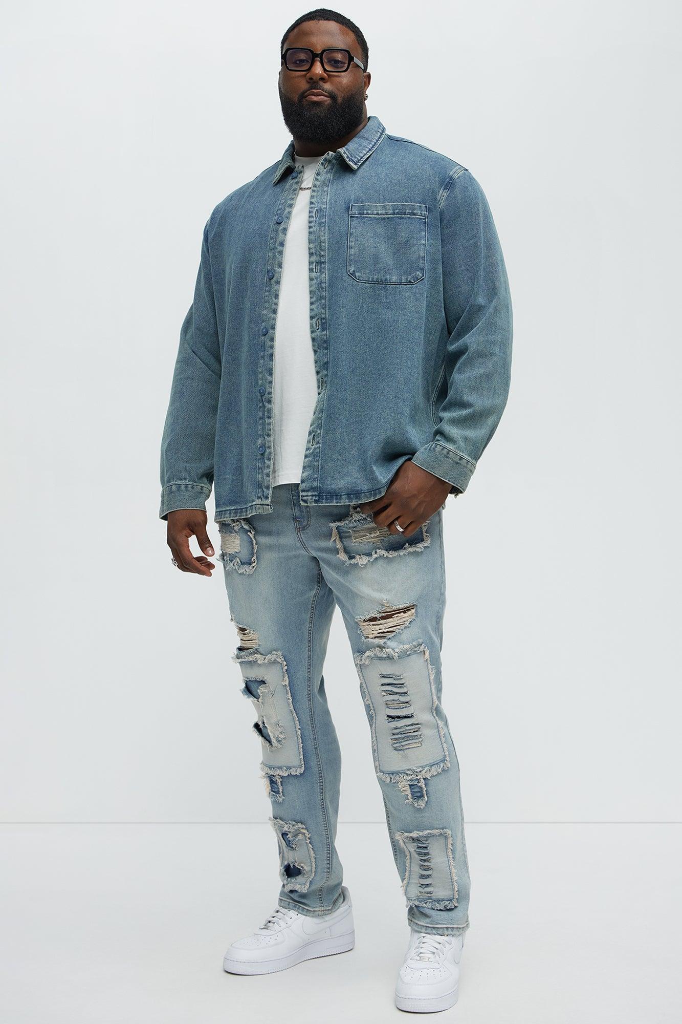 Shredded Patchwork Skinny Jeans - Light Wash Male Product Image