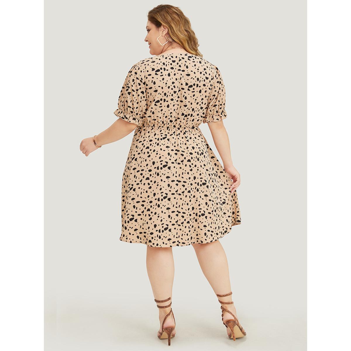 Plus Size Leopard Print Puff Sleeve Pocket Wrap Ruffle Trim Dress Apricot Women Office Wrap V-neck Short sleeve Curvy Knee Dress BloomChic 18-20/2X Product Image