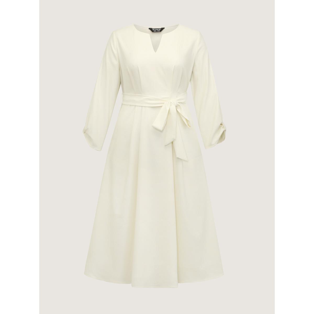 Plus Size Pleated Split Neck Waist-Tie Maxi Dress Ivory Women Office Belted Notched collar Extra Long Sleeve Curvy BloomChic 22-24/3X Product Image